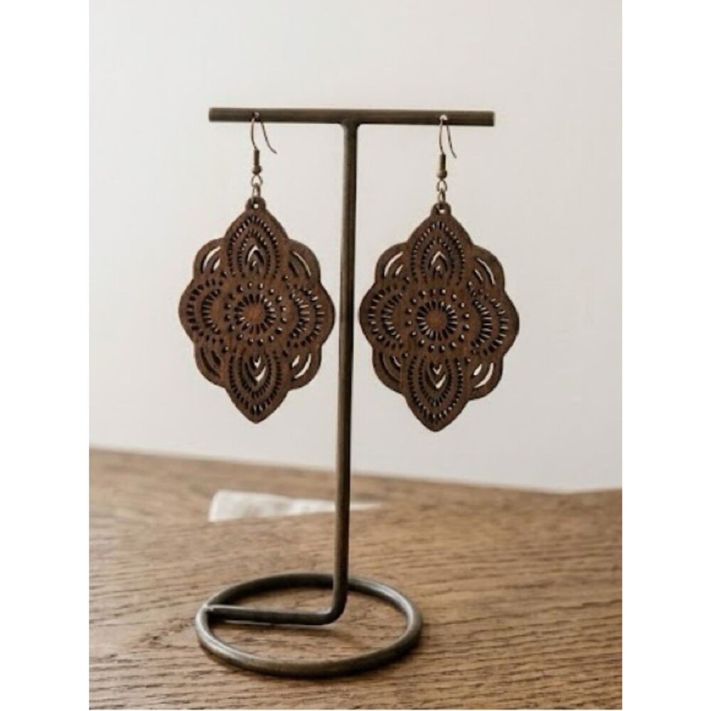 Handmade Boho Brown Wooden Cutout Earrings